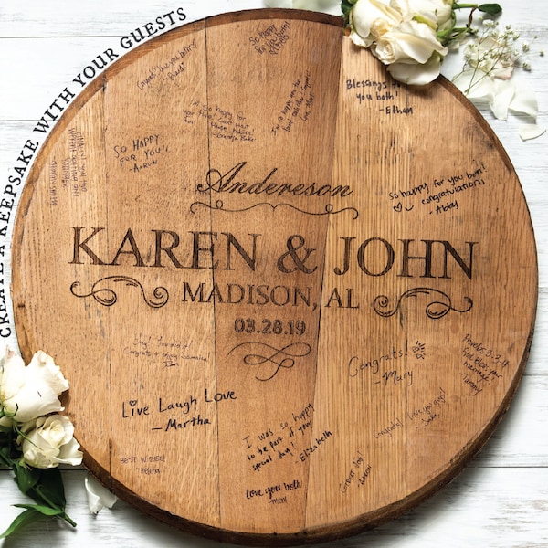 Personalized Wedding Welcome Sign Gift-Custom Newlywed Guestbook Sign Made from Tennessee Whiskey Barrels- Holtz Leather Wedding Sign