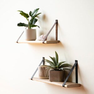 Minimalist Floating Shelf Wall Bookshelf Organization & storage-Hickory Wood-Unique Handmade Wall Decor-Slim and Compact-Leather Strap image 9