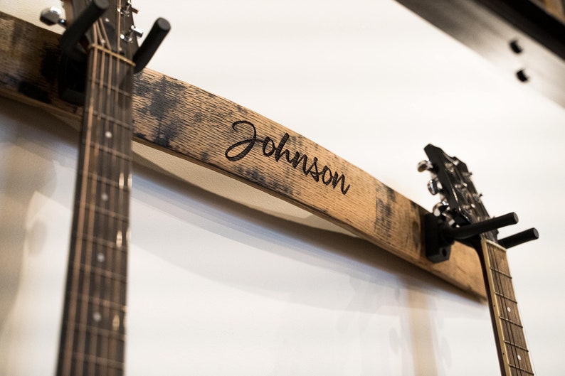 Personalized Double Guitar Hanger Wall Mount Custom Engraved Whiskey Barrel Stave Man Cave Gift for Dad Husband Friend or Son-The Shoals Standard