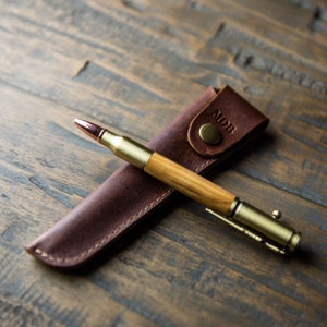 Bethlehem Olive Wood Bolt Action Pen-Hand Turned Personalized Writing-Journal-Planner-Custom-Monogram Leather Sleeve-Gift for Him-Graduation image 1