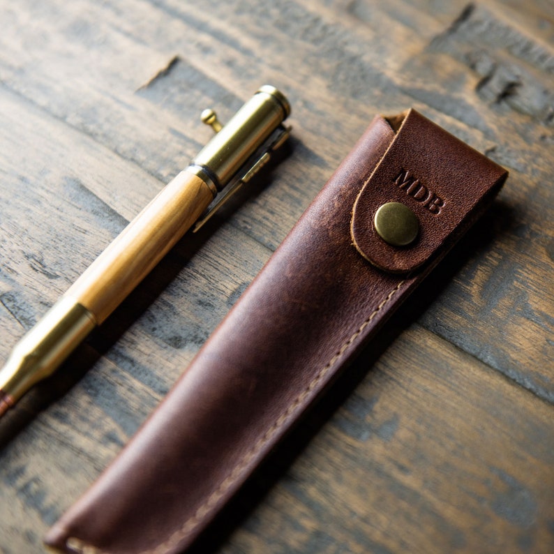 Bethlehem Olive Wood Bolt Action Pen-Hand Turned Personalized Writing-Journal-Planner-Custom-Monogram Leather Sleeve-Gift for Him-Graduation image 3