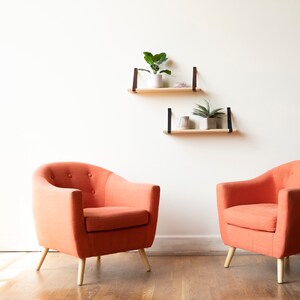 Minimalist Floating Shelf Wall Bookshelf Organization & storage-Hickory Wood-Unique Handmade Wall Decor-Slim and Compact-Leather Strap image 5