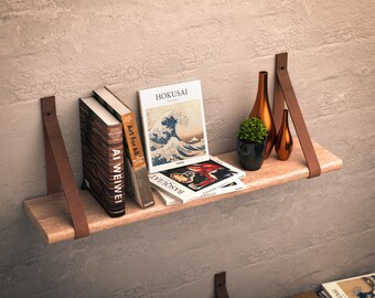 Minimalist Floating Shelf Wall Bookshelf Organization & storage-Hickory Wood-Unique Handmade Wall Decor-Slim and Compact-Leather Strap