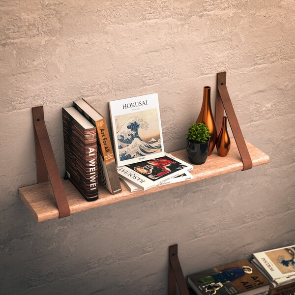 Minimalist Floating Shelf Wall Bookshelf Organization & storage-Hickory Wood-Unique Handmade Wall Decor-Slim and Compact-Leather Strap