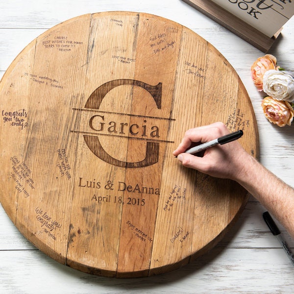 Personalized Wedding Welcome Sign Gift, Custom Newlywed Guestbook Sign Made from Tennessee Whiskey Barrels, Holtz Leather Wedding Sign
