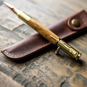 Bethlehem Olive Wood Bolt Action Pen-Hand Turned Personalized Writing-Journal-Planner-Custom-Monogram Leather Sleeve-Gift for Him-Graduation image 2