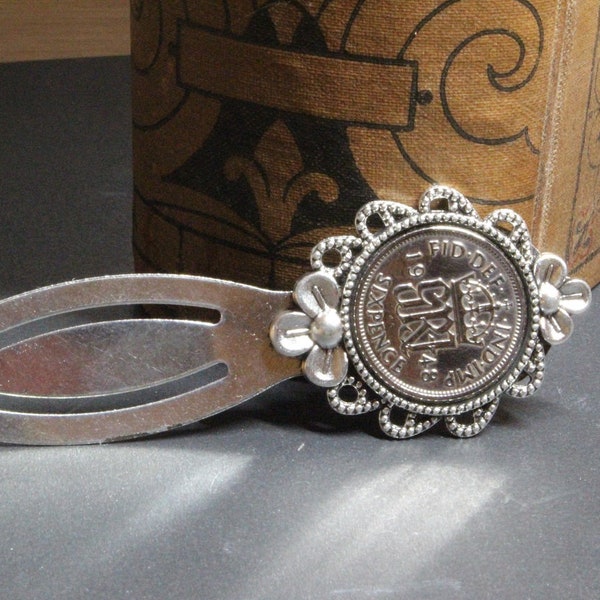 Lucky Sixpence Bookmark - Flower Frame (choice of coin upto 1967) / Silver Sixpence / Mothers Day / Wedding / Bride / Birthday / Anniversary