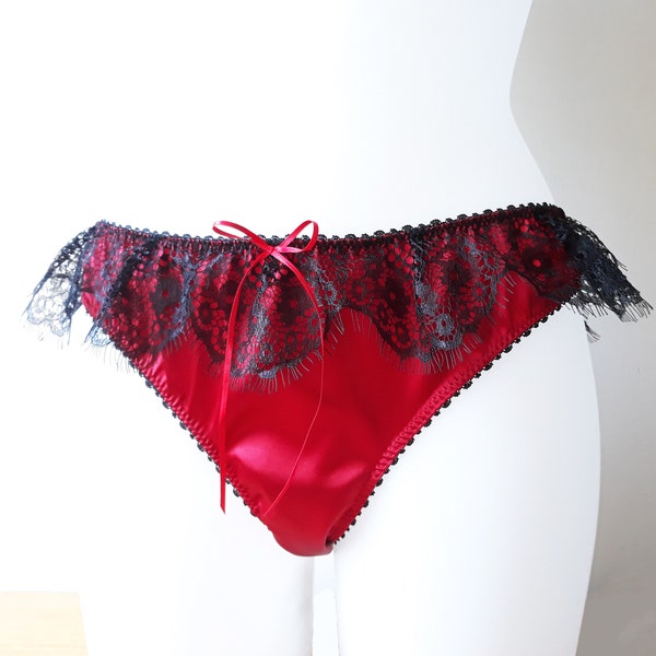 Red Satin Thong with Lace Trim