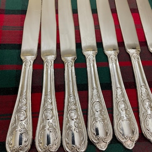 May include: A set of seven silver-toned metal dinner knives arranged in a row. Each knife features a smooth, polished blade and a decorative handle with intricate embossed scrollwork and floral patterns extending from the base to the bolster.