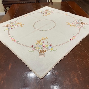 May include: A square off-white tablecloth featuring embroidered flower baskets in each corner and a central circular chain motif. The edges are finished with a delicate crocheted lace border, and the fabric displays a woven texture throughout.