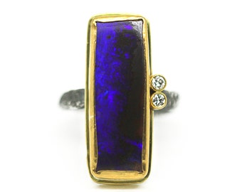 Deep Blue Boulder Opal and Diamond Ring