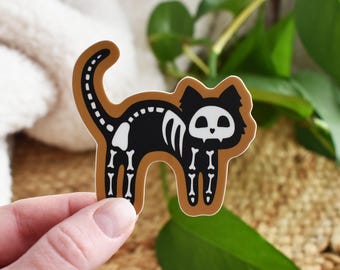 Skeleton Cat Sticker, Waterproof Sticker, Halloween Decal, Spooky Cat, Gift For Cat Lovers, Scaredy Cat