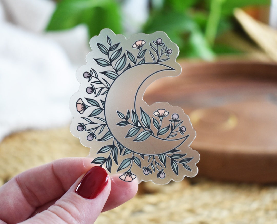 Floral Moon Sticker Clear, Crescent Moon Sticker, Floral Sticker ...
