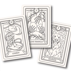 May include: Three black and white illustrated tarot cards with a heart border. The first card is labeled "IV" and depicts a cowboy boot and hat. The second card is labeled "II" and depicts two skeletons holding a heart. The third card is labeled "P" and depicts a golden retriever dog. The cards are titled "Cowboy", "Love Triangle", and "Golden Retriever Boyfriend".