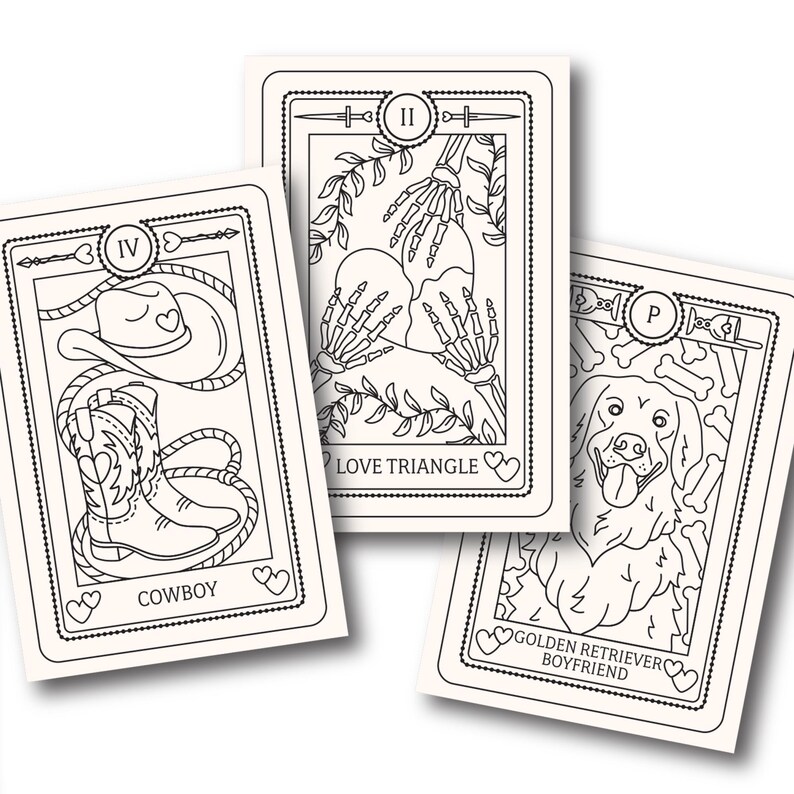May include: Three black and white illustrated tarot cards with a heart border. The first card is labeled "IV" and depicts a cowboy boot and hat. The second card is labeled "II" and depicts two skeletons holding a heart. The third card is labeled "P" and depicts a golden retriever dog. The cards are titled "Cowboy", "Love Triangle", and "Golden Retriever Boyfriend".