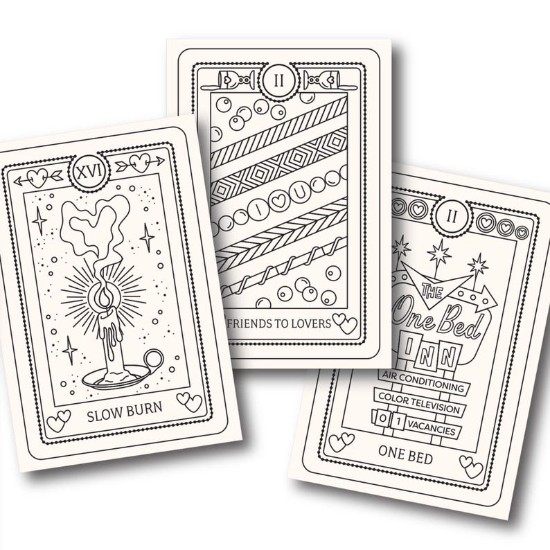 May include: Three black and white illustrated tarot cards with a vintage aesthetic. The cards are titled "Slow Burn", "Friends to Lovers", and "One Bed Inn".