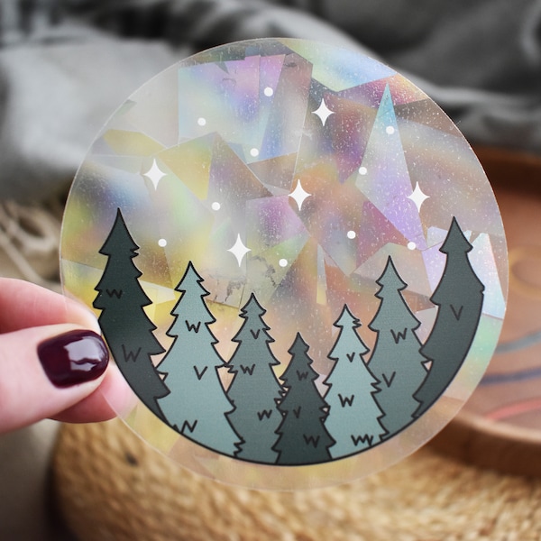 Northern Lights Forest Rainbow Suncatcher Window Decal, Pine Trees, Rainbow Sticker, Up North, Hiking, Camping, Stars, Forest Bathing