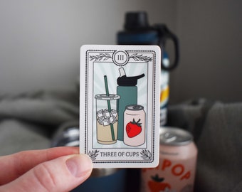 Three Of Cups Tarot Card Sticker, Beverage Goblin, Water Bottle Sticker, Beverage Sticker, Emotional Support Water Bottle,Hydration Reminder