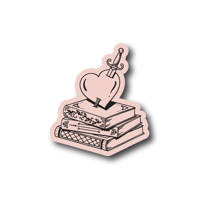 May include: A black and white illustration of a stack of books with a heart pierced by a dagger on top. The heart is pink and the books have intricate designs.