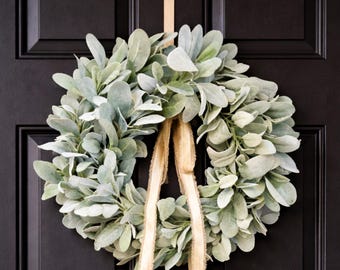 Year Round Lambs Ear Wreath, Modern Farmhouse Front Door Decor, All Seasons Outdoor Greenery Wreaths