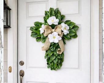 Magnolia Cross Wreath For Front Door Or Home Decor, Rustic Easter Cross Door Hanger, Double Door Wreath, Year Round Modern Religious Cross