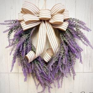 Lavender Wreath | 15&quot; Cascading Spring Lavender Door Wreath With Bow | Cottage Style Faux Lavender Swag | Farmhouse  Purple Flower Wall Dec