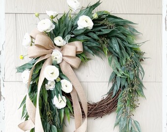 Year Round Wreath, Cascading Eucalyptus And Ranunculus Front Door Wreath, Farmhouse Greenery Wreath, Spring Wreath, Summer Wreath