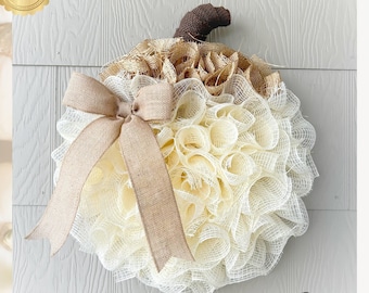 Fall Pumpkin Wreath, Neutral Pumpkin Shaped Wreath, Front Door Wreath, Rustic Fall Farmhouse Pumpkin Door Hanger, Autumn Double Door Wreath