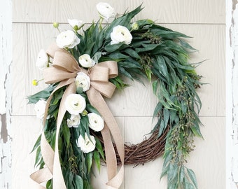 Year Round Wreath, Cascading Eucalyptus And Ranunculus Front Door Wreath, Farmhouse Greenery Wreath, Spring Wreath, Summer Wreath