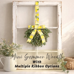 Mini Summer Wreaths For Cabinets, Small Artificial Cascading Wreath With Bow, Ribbon Options, Rustic Mini Window Wreath, Lemon Wreath