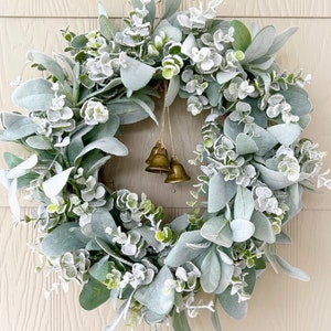 Christmas Lambs Ear And Frosted Eucalyptus Wreath With Bells, Holiday Wreath For Front Door, Modern Christmas Bell Wreath, Winter Wreath