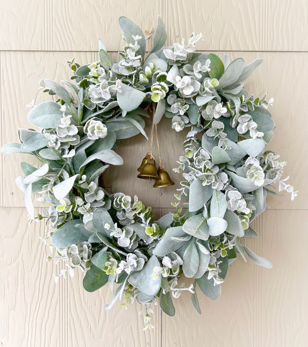 Christmas Lambs Ear and Frosted Eucalyptus Wreath With Bells, Holiday ...