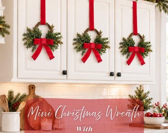 Mini Christmas Wreath, Small Holiday Greenery Wreaths with Ribbon Options, Rustic Christmas Wreath For Cabinets, Windows