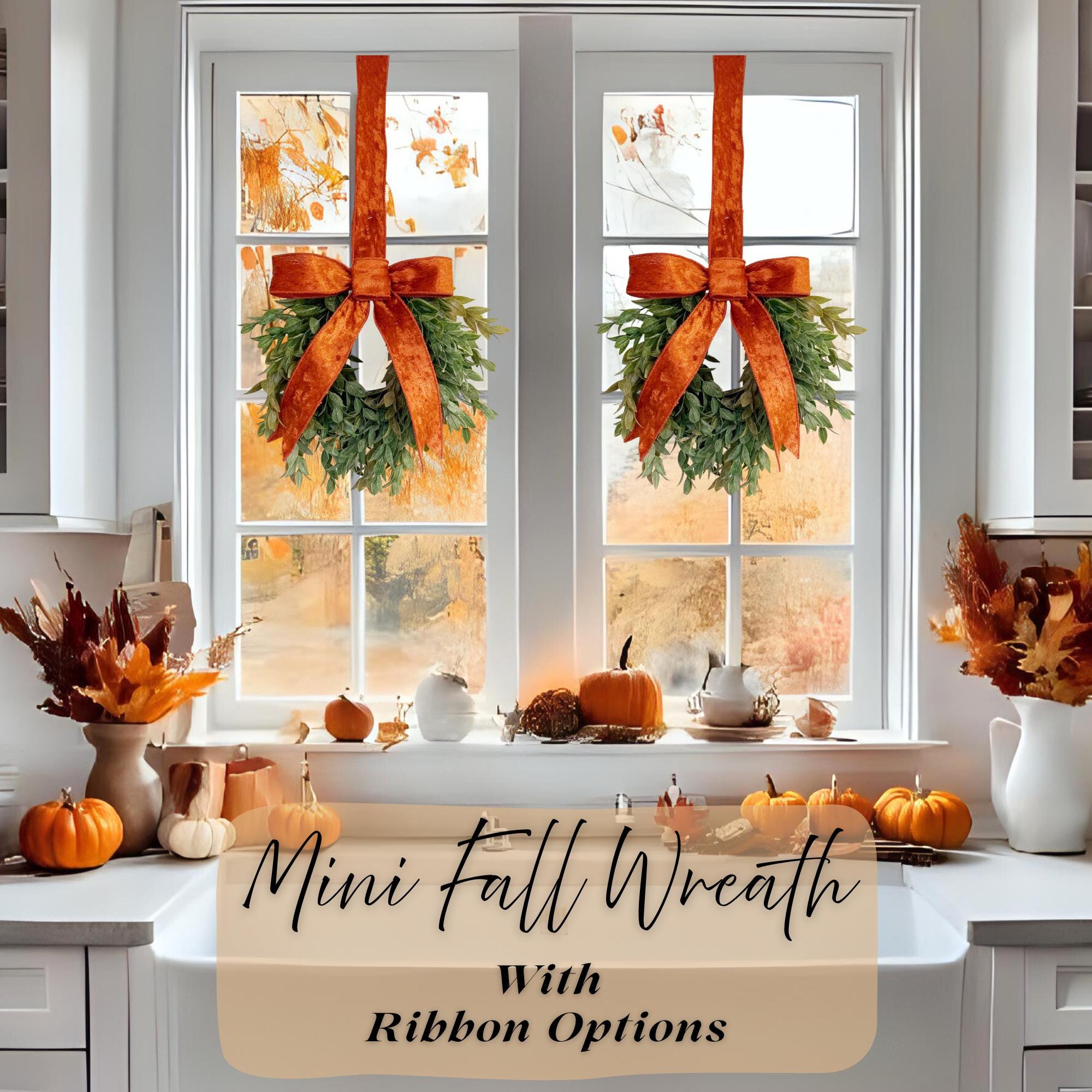 Mini Fall Wreaths For Cabinets, Set Of Small Cascading Wreaths For Fall Decor, Ribbon Options, Rustic Mini Autumn Wreath, Thanksgiving Decor