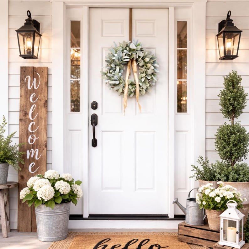 Year Round Lambs Ear Wreath, Modern Farmhouse Front Door Decor, All ...