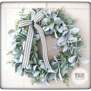 Classic Year Round Lamb’s Ear and Eucalyptus Wreath, EveryDay Greenery Wreath, Modern Farmhouse Wreath for Front Door, Front Porch Decor
