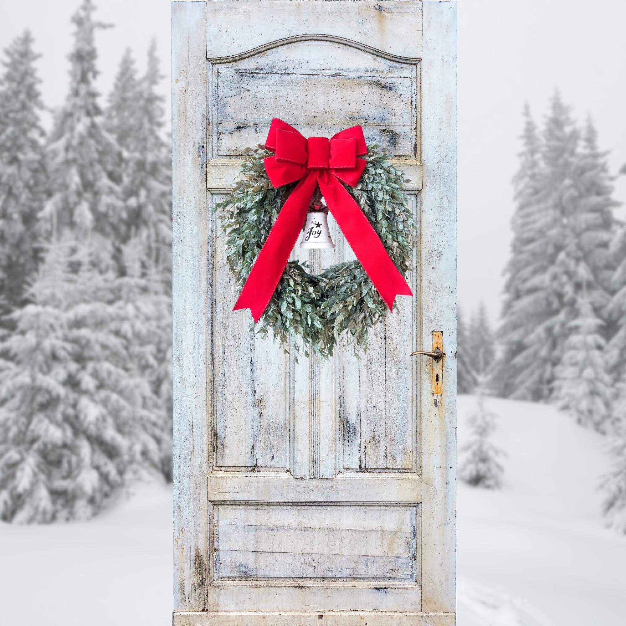 Rustic Christmas Wreath: Farmhouse Greenery, Vintage Bell, Velvet