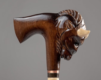 Walking stick carved wood with rubber tip, Bull head walking cane for men for short and long people, Cool canes Gifts for Men gothic costume