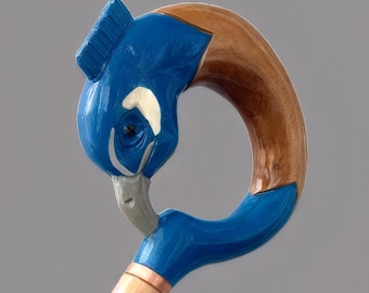 Hand-Carved Peacock Walking Cane for Women and Men, Blue Linden Feather Design Artisan Walking Stick