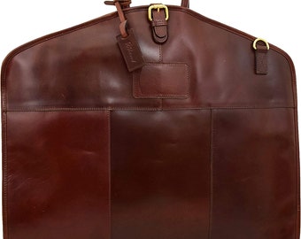 Personalized Leather Suit Carrier Dress or Garment Carrier with Initials Cover Bag Protection in Brown Groomsmen Gift For Dad & Boyfriend