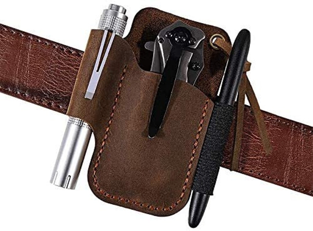 Full Grain Leather Multitool Sheath - EDC Belt Holster For Knife, Flashlight, Pen (Dark Brown)