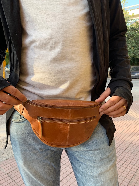  Genuine Leather Fanny Pack Purse 7-Zipper-Pouches Waist Bag  with Adjustable Belt Black Soft Lambskin