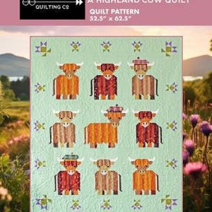 May include: A quilt pattern featuring a design of nine Highland cows wearing hats. The pattern is called "Mini Coos: A Highland Cow Quilt" and is 52.5 inches by 62.5 inches.