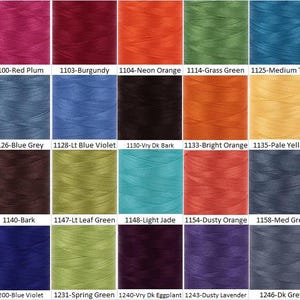 May include: A color chart of thread spools, showing a variety of colors, including red, blue, green, orange, yellow, and purple. The thread spools are arranged in a grid pattern, with each spool labeled with a number and color name.