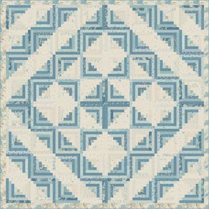 May include: A square quilt with a geometric pattern in shades of blue and cream. The design features a central diamond shape surrounded by square blocks, each with a log cabin style pattern. The border has a floral design.