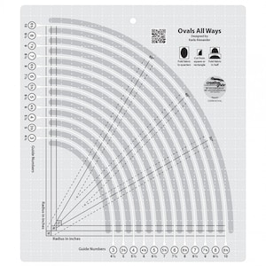 May include: A white plastic quilting ruler with a grid pattern and a semicircle of oval shapes. The ruler has markings for inches and guide numbers. The text "Ovals All Ways" is printed on the ruler, along with instructions for cutting ovals from fabric.
