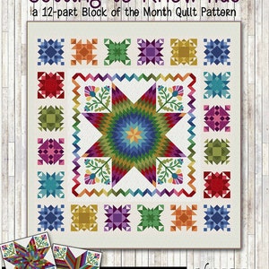 Peut inclure: Un modèle de courtepointe intitulé "Getting to Know Hue" avec un design en 12 parties, Block of the Month. La courtepointe présente une grande étoile colorée au centre entourée de blocs plus petits de différentes couleurs. La taille de la courtepointe finie est de 96 pouces par 102 pouces.