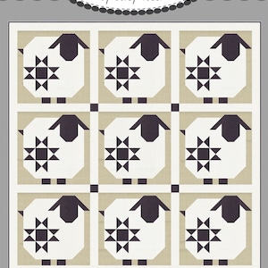 May include: A quilt pattern featuring nine sheep with black heads and white bodies. Each sheep has a black and white star in the center of its body. The pattern is titled "#188 Woolly Stars" and is by Coriander Quilts.
