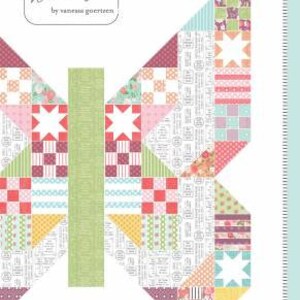 May include: A quilting pattern for a butterfly patch, featuring a colorful patchwork design with red, pink, yellow, blue, and green fabrics. The pattern is titled "Butterfly Patch" and is from "Lella Boutique" by Vanessa Goertzen.