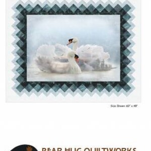 May include: A quilt pattern featuring two white swans swimming in a misty blue lake. The pattern is framed by a dark blue and light blue diamond border. The title "SOLSTICE" is printed at the top of the page. The text "Size Shown 60" x 48" is printed at the bottom of the page.